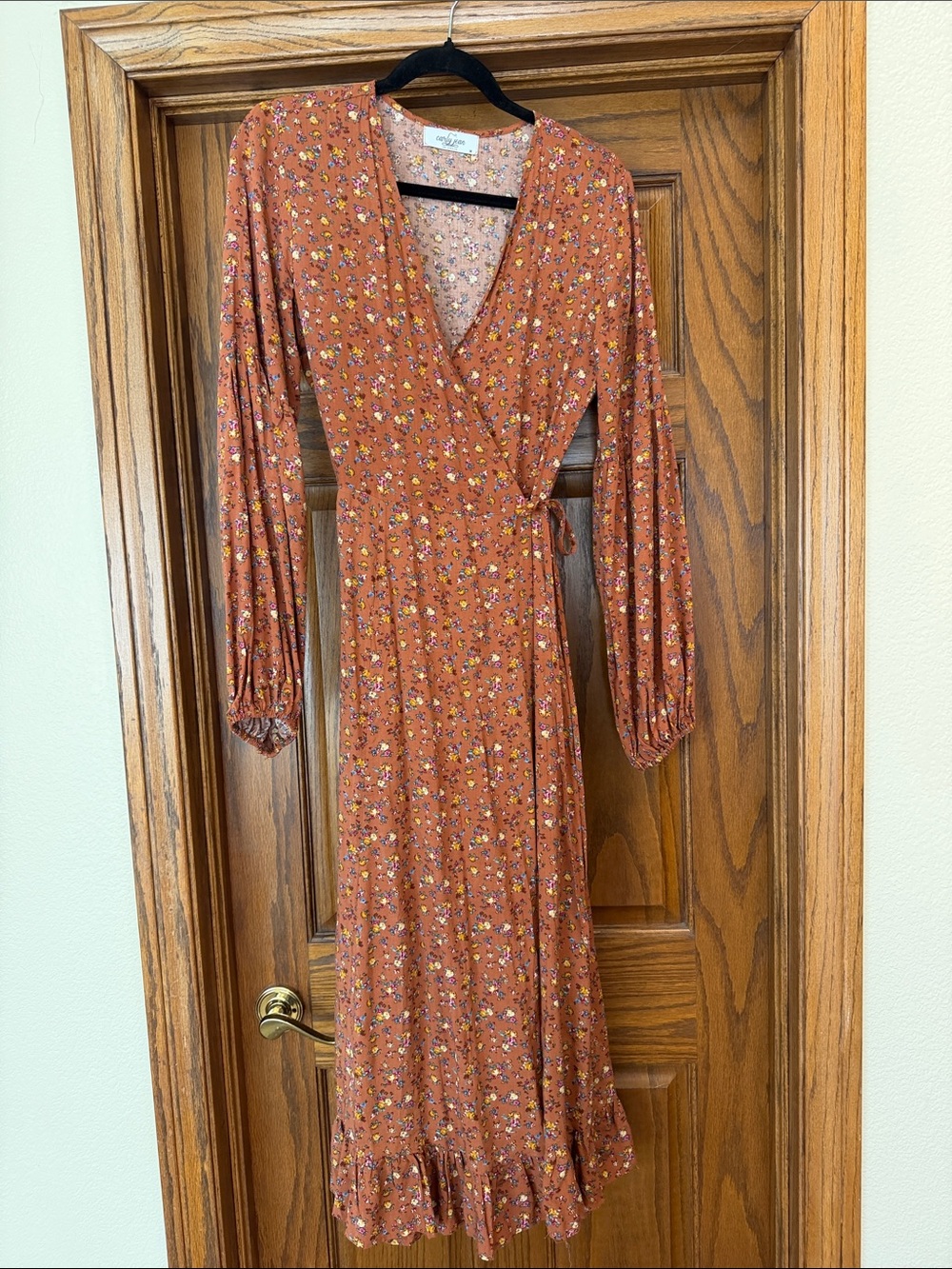 Carly Jean Rust Floral Wrap Midi Dress with Tie Waist